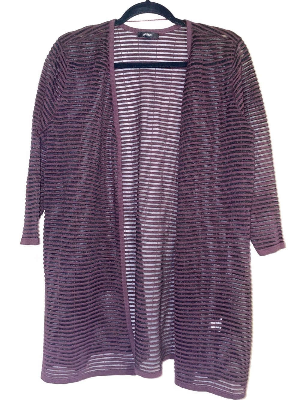 Alfani Sheer Striped Open Front Cardigan Size M Plum Burgundy Duster Lightweight
